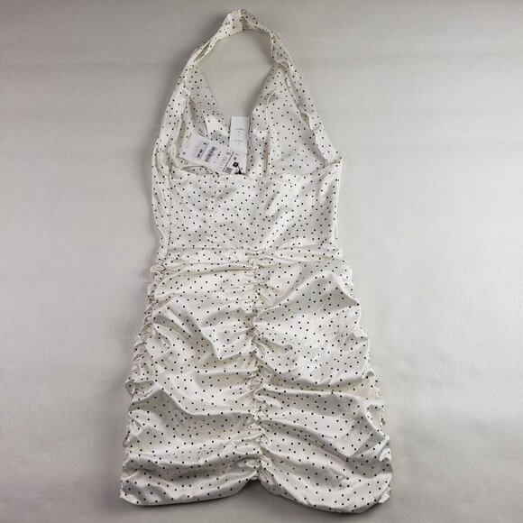 Zara Ruched Mini Halter Dress Womens Small White Black Polka Dot V Neck NEW - Picture 7 of 15